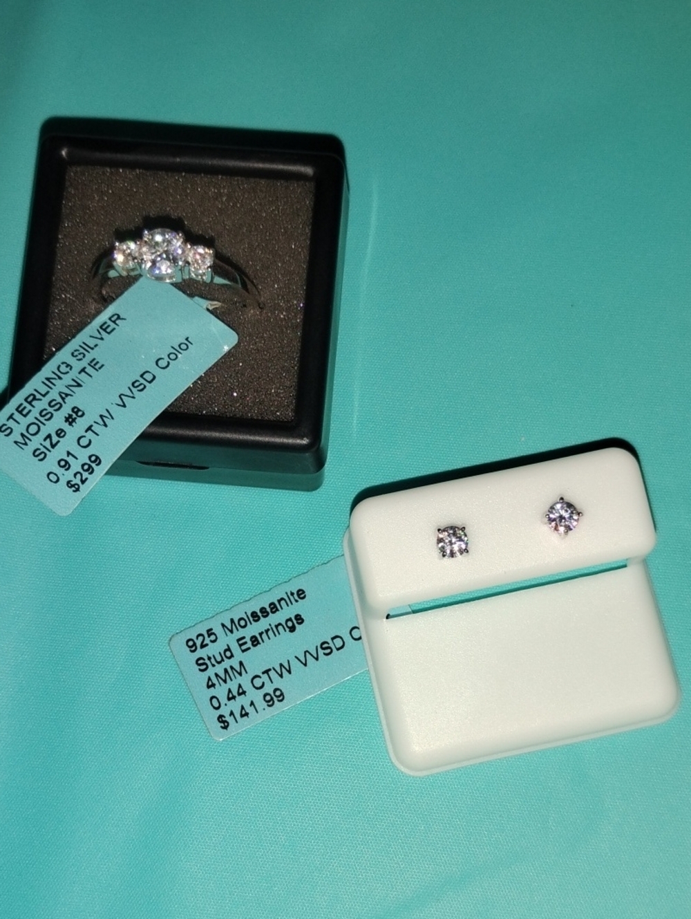 Sterling Silver Moissanite 3-Stone Ring and Screw Back Earrings Set